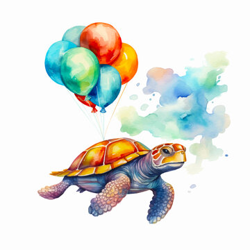 Painting of a turtle flying with balloons watercolor paint