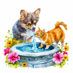 Painting of a dog and a cat drinking water in a fountain