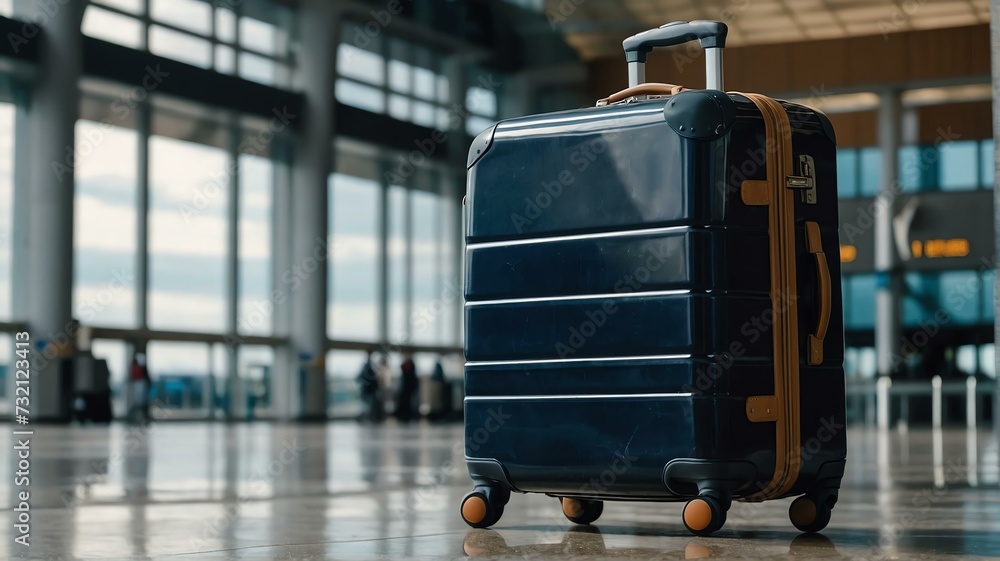 Wall mural Big travel suitcase on airport terminal background from Generative AI