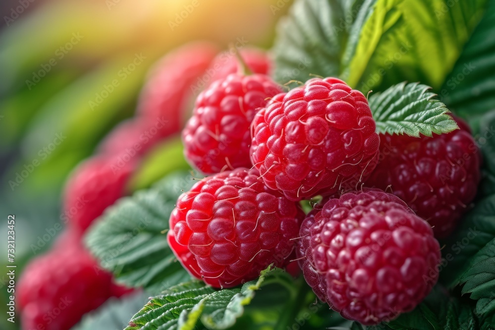 Poster raspberry harvest. background with selective focus and copy space