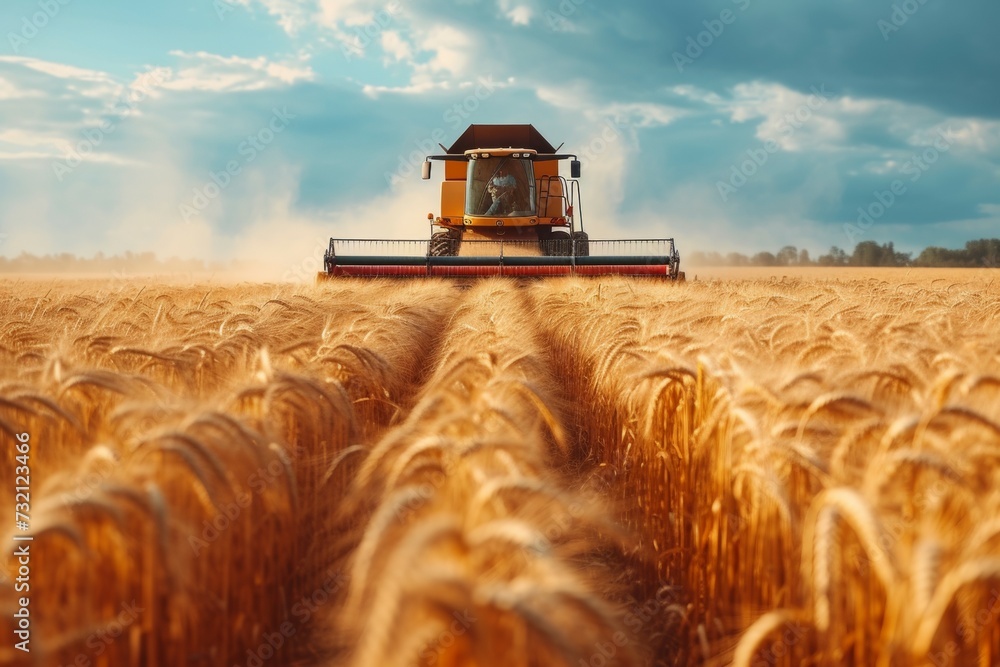 Aufkleber the combine harvests the crop on the field. background with selective focus and copy space