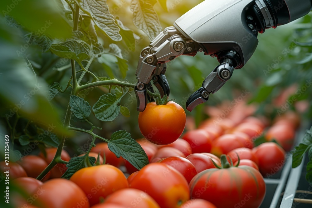Poster a robot hand works on a modern farm. background with selective focus and copy space