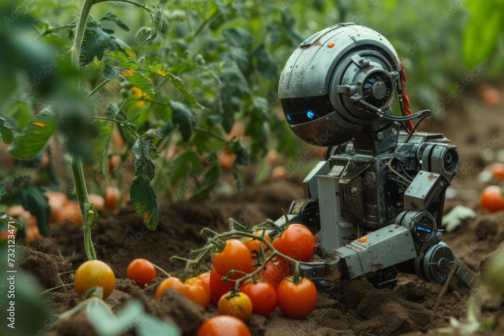 Poster modern farm with robots. background with selective focus and copy space