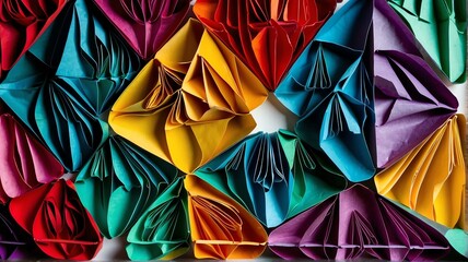 Colorful shaded abstract circular geometric pattern of paper folds in origami style from Generative AI