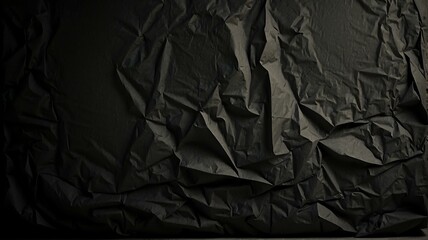 Dark black crumpled paper vintage texture with some lighting and black vignette from Generative AI