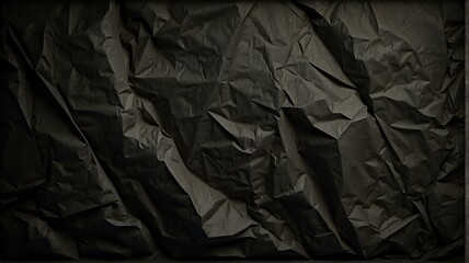 Dark black crumpled paper vintage texture with some lighting and black vignette from Generative AI