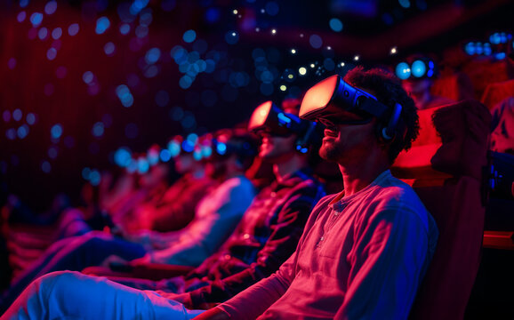 3D cinema with people watching movie sitting in armchairs wearing VR glasses. Virtual reality cinema, with a group of people wearing VR glasses while watching modern movie	
