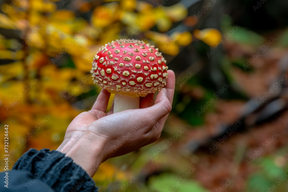 Poster mushroom in hand. background with selective focus and copy space