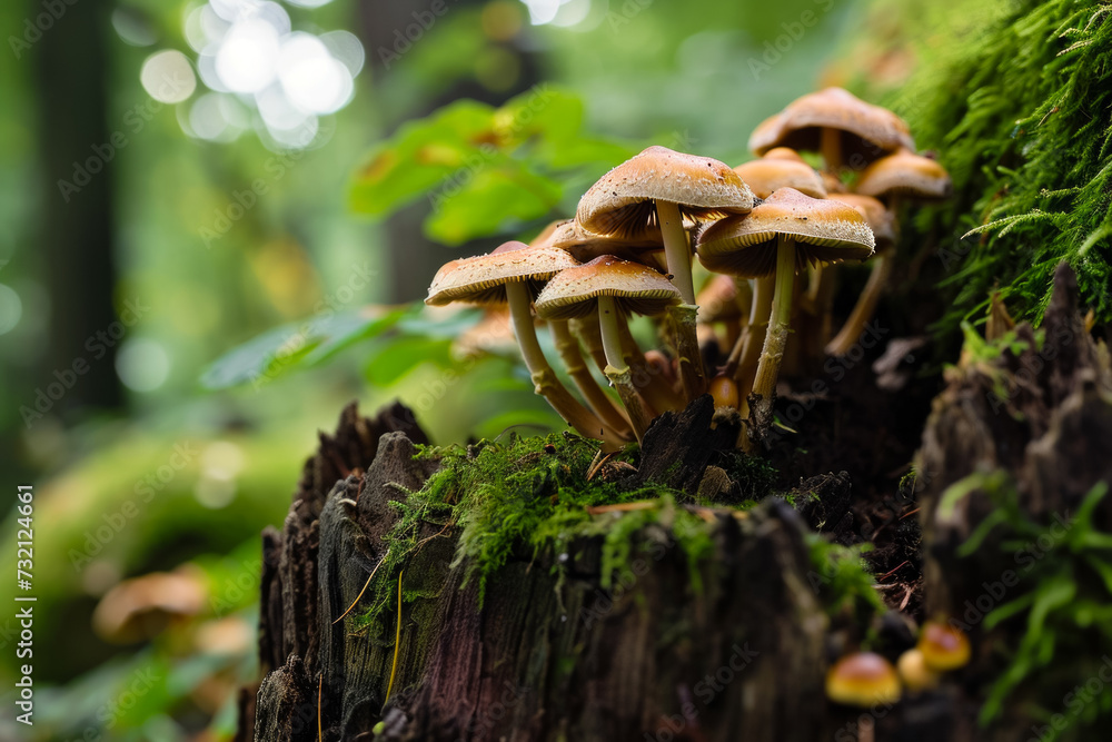 Poster mushrooms in the forest. background with selective focus and copy space