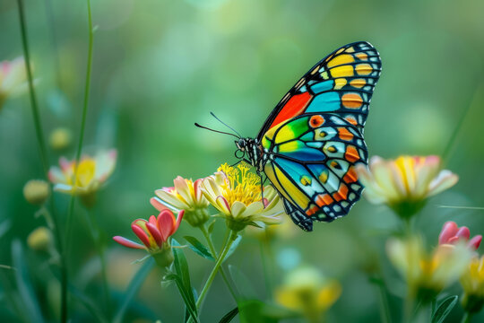 Butterfly on spring wildflowers. Background with selective focus and copy space