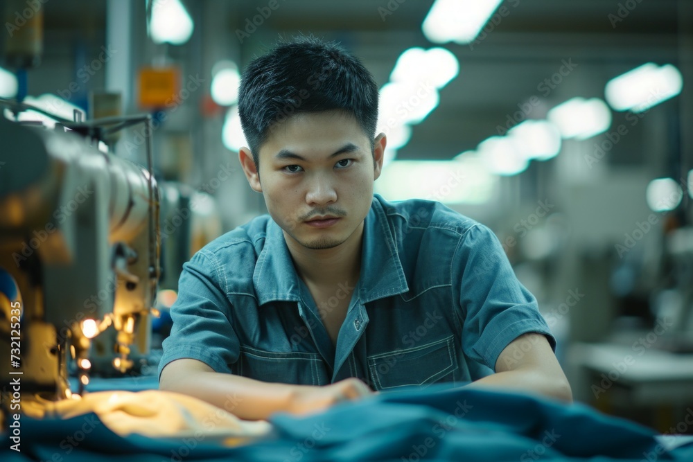 Poster workers at a textile factory. background with selective focus and copy space
