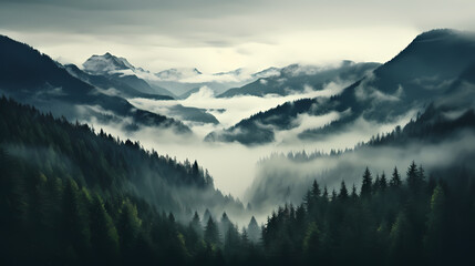Forest landscape, exotic foggy forest