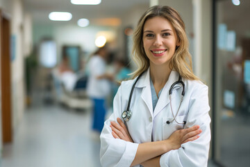 Female Doctor in the Hallways of a Hospital, Portrait of a Young and Confident Medical Professional in her Medicine and Health Work, with Copy Space