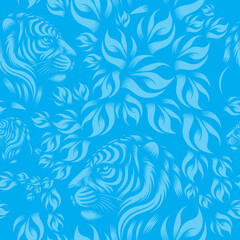 Seamless pattern - Motif raccordable- Tilable - Motif tigre et feuillage - 2 couleurs bleu - obrazy, fototapety, plakaty