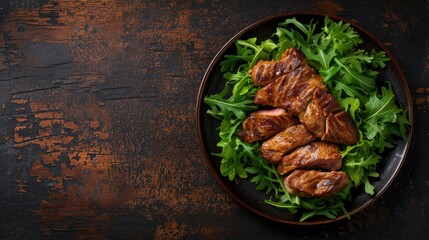 A front view fried meat with greens inside dark plate on the brown wooden desk meal food dinner, realistic, HD, copy space - generative ai