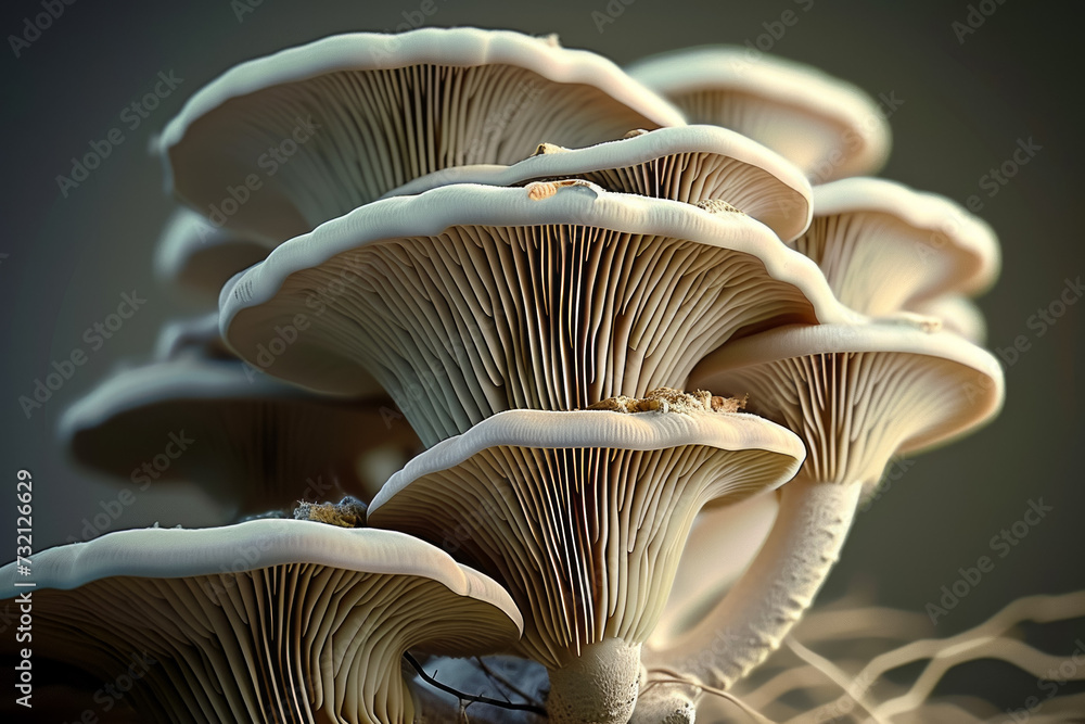 Poster mycelium with mushrooms, bottom view. backdrop with selective focus and copy space