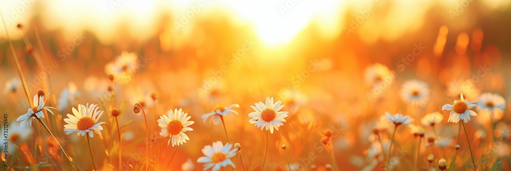 Poster chamomiles or daisies bloom in a field. backdrop with selective focus and copy space