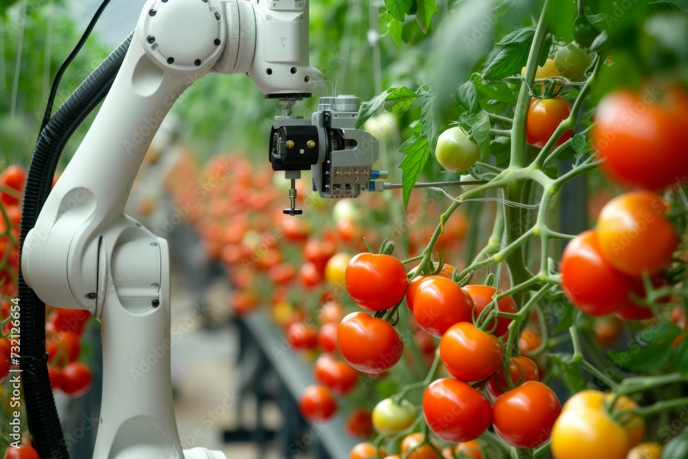Poster modern greenhouse with robots. backdrop with selective focus and copy space