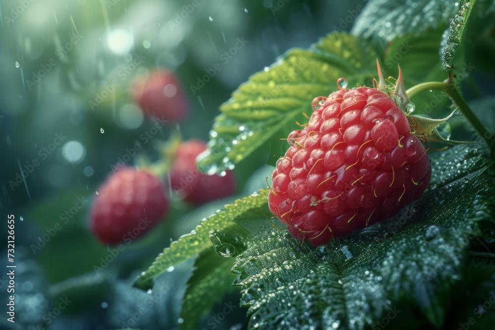 Poster raspberry harvest. backdrop with selective focus and copy space