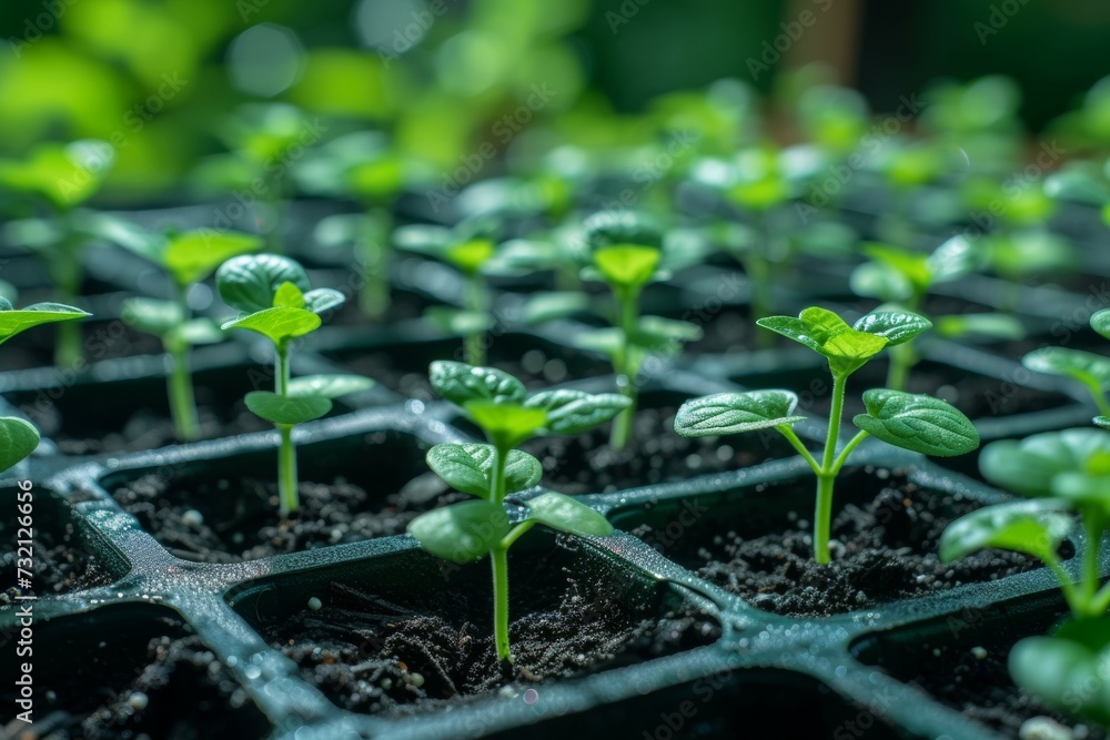 Poster seedlings in a greenhouse. backdrop with selective focus and copy space