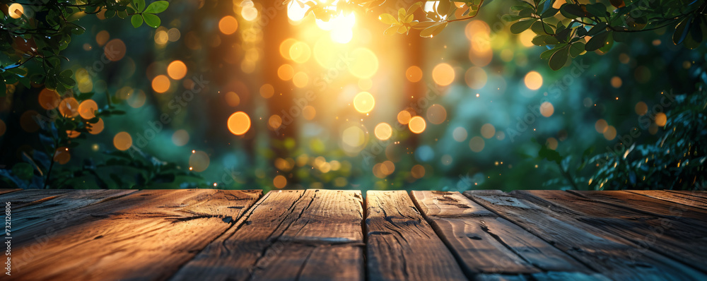 Aufkleber empty wood table top on bokeh and blur abstract green background with golden lights. product display