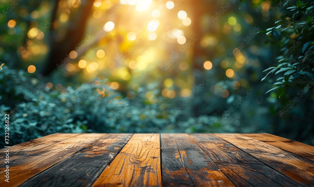 Aufkleber empty wood table top on bokeh and blur abstract green background with golden lights. product display