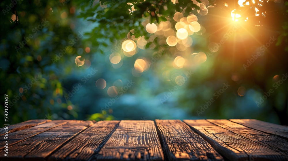 Aufkleber empty wood table top on bokeh and blur abstract green background with golden lights. product display