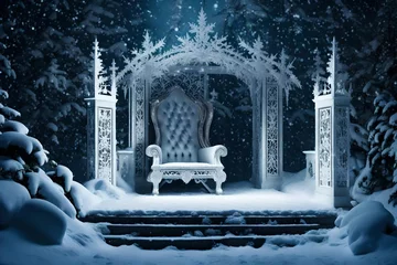 Fototapeten Experience the icy grandeur in an HD-captured scene featuring a throne made ofrainbo , adorned with intricate large snowflakes, against a dramatic dark background. © Malik