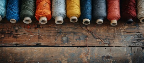 Assorted threads on rustic wooden backdrop. - obrazy, fototapety, plakaty