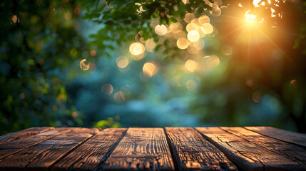 Empty wood table top on bokeh and blur abstract green background with golden lights. Product...
