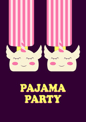 Pajama party poster invitation. Feet in unicorn slippers. Themed bachelorette party, sleepover party. Vector illustration