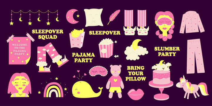 Set of illustration stickers on the pajama or bachelorette or sleepover party theme. Vector illustration.