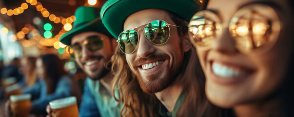 The company of happy people wearing carnival costumes and hats and celebrate St. Patrick's Day.  Have fun and rest. Vacation and travel concept