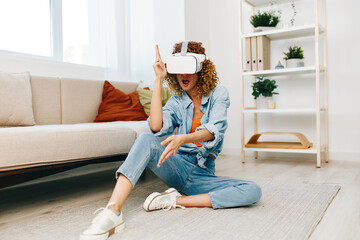 Smiling Woman Enjoying Futuristic Virtual Reality Game at Home with VR Glasses and Controller, in a...