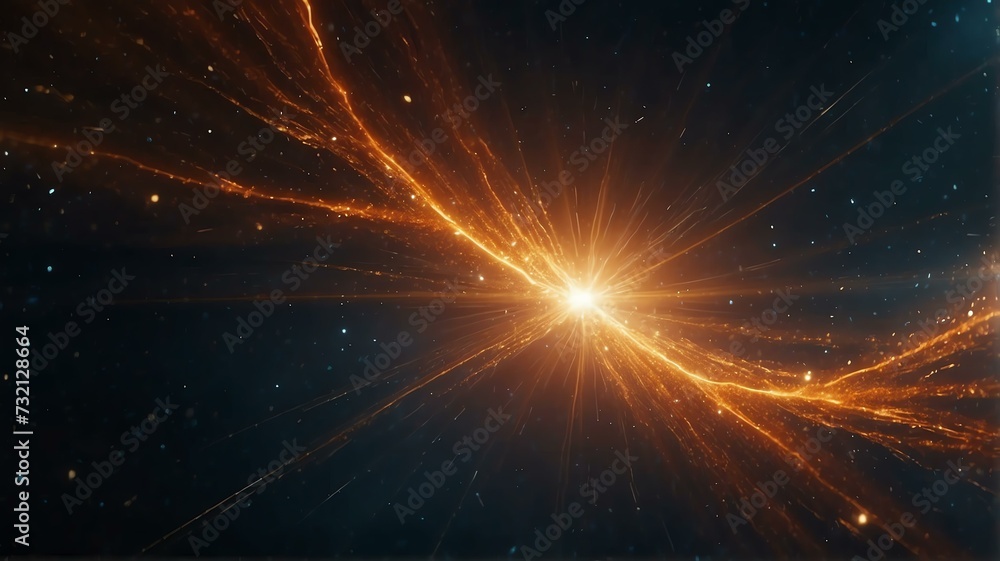 Wall mural asymmetric orange light burst with rays and golden sparkles bokeh on space cosmos galaxy background 