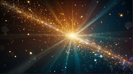 Fototapeta premium Asymmetric colorful light burst with rays and golden sparkles bokeh on space cosmos galaxy background from Generative AI