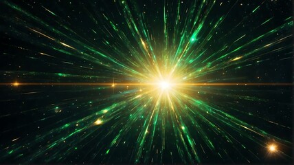 Asymmetric green light burst with rays and golden sparkles bokeh on space cosmos galaxy background from Generative AI