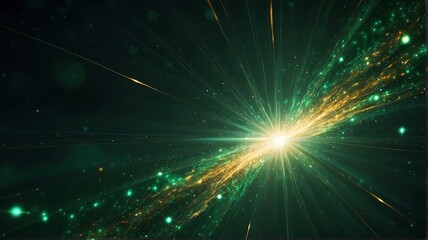 Fototapeta na wymiar Asymmetric green light burst with rays and golden sparkles bokeh on space cosmos galaxy background from Generative AI