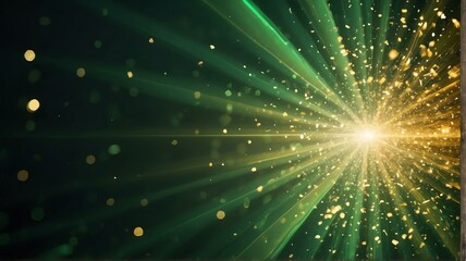 Fototapeta na wymiar Asymmetric light green light burst with rays and golden sparkles bokeh background from Generative AI