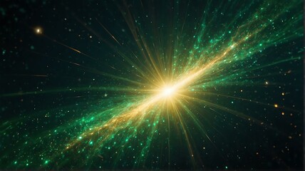 Fototapeta premium Asymmetric green light burst with rays and golden sparkles bokeh on space cosmos galaxy background from Generative AI