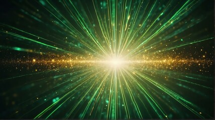 Fototapeta na wymiar Asymmetric light green light burst with rays and golden sparkles bokeh background from Generative AI