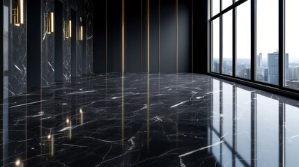 Bright spacious room. Black marble elegance - obrazy, fototapety, plakaty