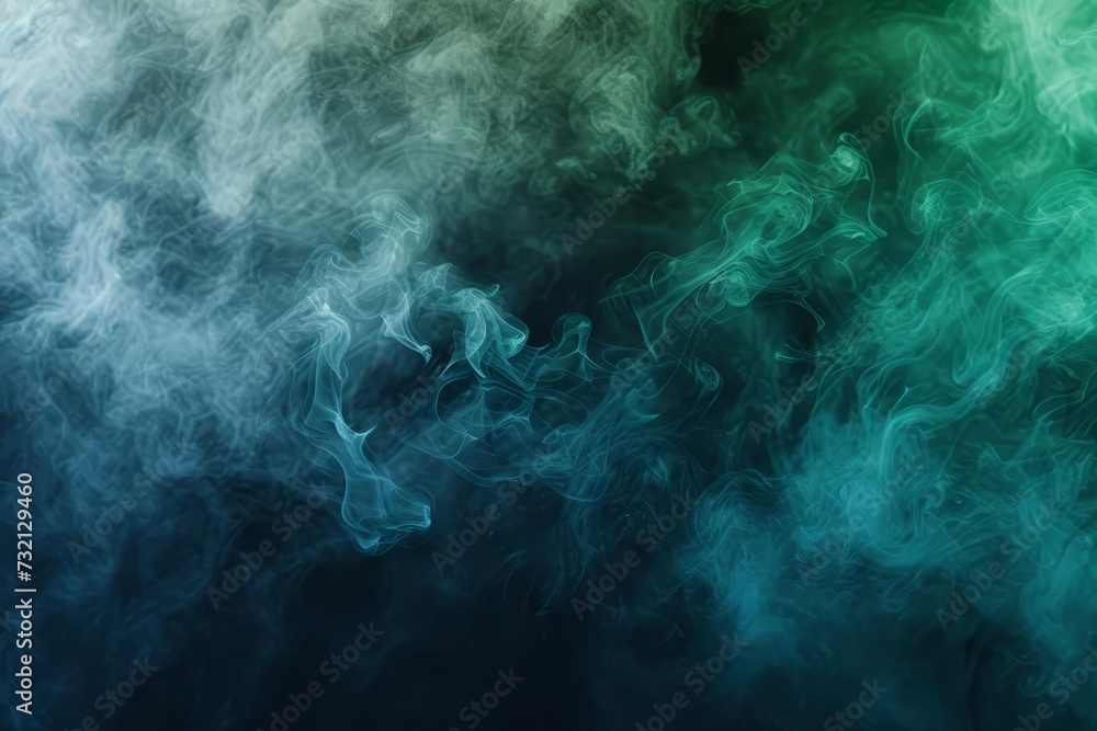 Poster abstract backdrop with a cloud of green and blue smoke on a black isolated background creating a sof