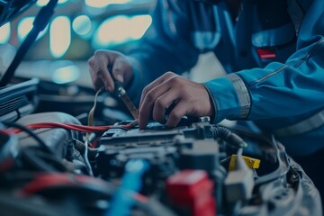 Close-up of a technician's hands working on car maintenance Specifically focusing on electric battery repair and checking the electrical system Highlighting the importance of automotive care