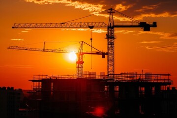 Construction site at sunset With the silhouette of cranes and the framework of buildings under construction