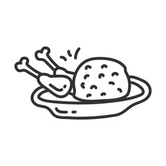 Roast chicken and rice black line icon on white background. Vector illustration.