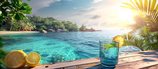 A glass of water with lemons on a table near a swimming pool, reflecting the azure sky and natural landscape.