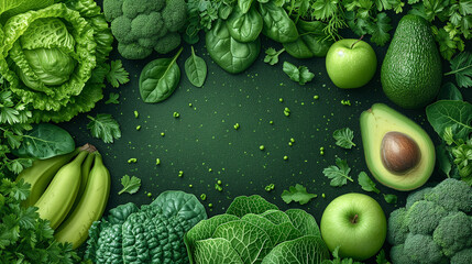 Background vegetables fruits. Lush display green vegetables herbs, including broccoli, lettuce, avocado, apples