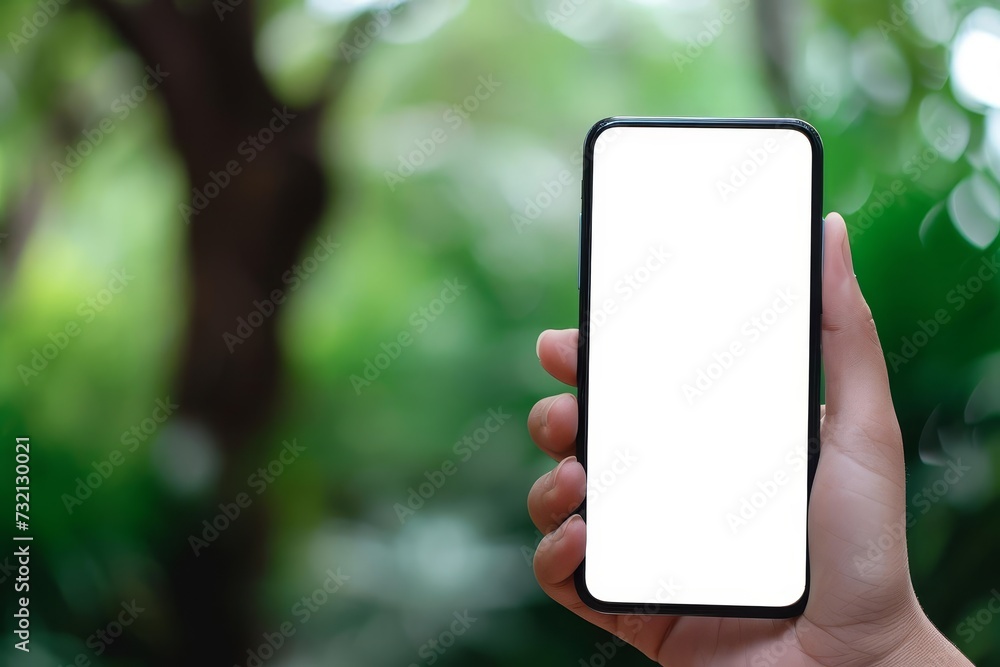 Aufkleber hand holding a smartphone with a blank white screen offering a versatile mockup for displaying any c