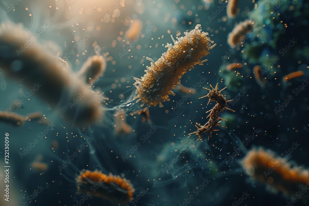 Poster macro shot of bacteria and virus cells in a lab illustrating the intricate details of microbiology a
